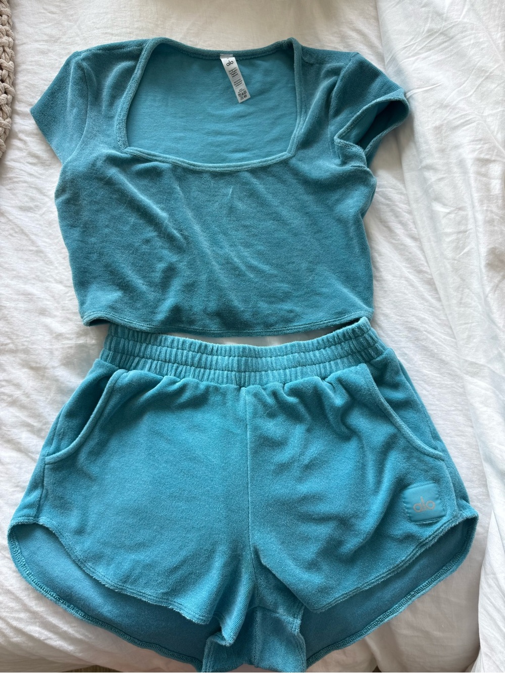 ALO Yoga Turquoise Square-Neck Crop Top and Elastic-Waist Shorts Set